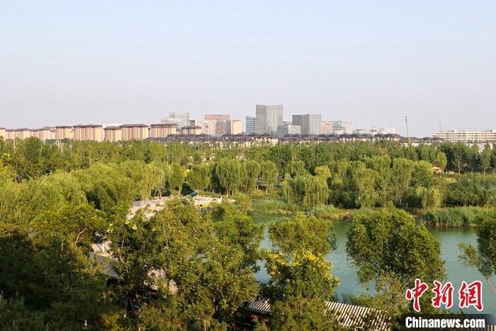 從完成頂層設(shè)計(jì)到如火如荼大規(guī)模建設(shè)，六年來，雄安新區(qū)如春天的竹子一般拔節(jié)生長，這座承載千年大計(jì)的“未來之城”已雄姿初顯。從“一張白紙”開始著墨，如今的雄安新區(qū)已是濃墨重彩的“山水畫”。<a target='_blank' href='/'>中新社</a>記者近日走訪了雄安新區(qū)多地，從“藍(lán)綠金”三色感受這座“未來之城”的巨大變化。圖為7月18日拍攝的河北雄安新區(qū)金湖公園。 <a target='_blank' href='/'>中新社</a>記者 易海菲 攝