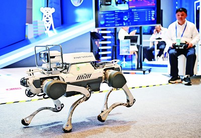  網(wǎng)絡(luò)安全博覽會(huì)上的企業(yè)展示電網(wǎng)巡線機(jī)器狗。新華社記者 鄧華攝